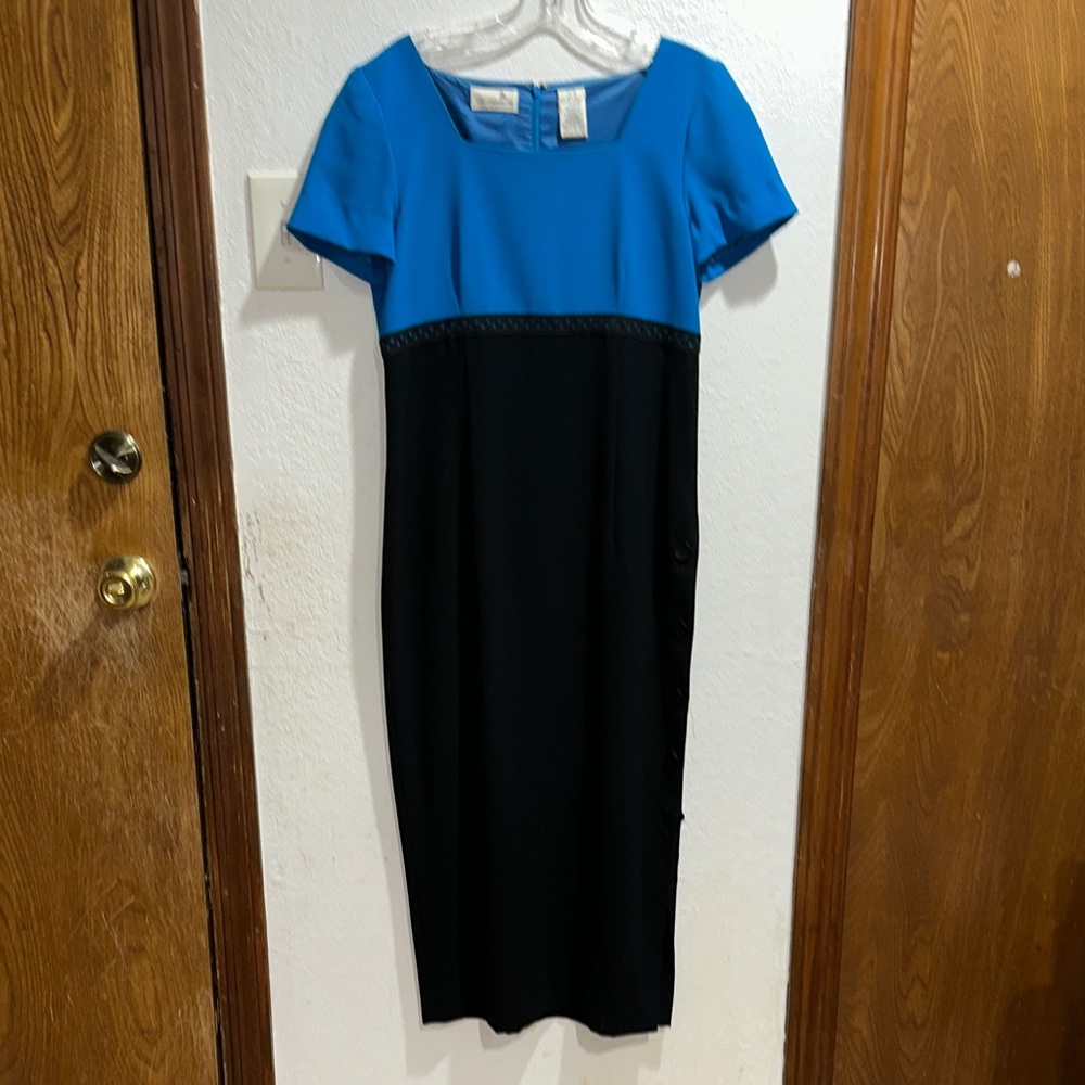 Elegant Blue and Black Dress by Luz Claiborne Featuring button accents on side